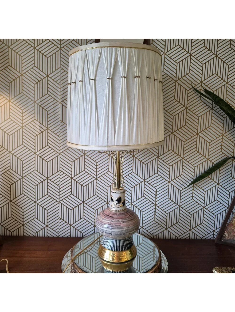 Vintage 1950s Mid Century Ceramic Lamp Pink Black Gold Atomic Wire Cage & Shade